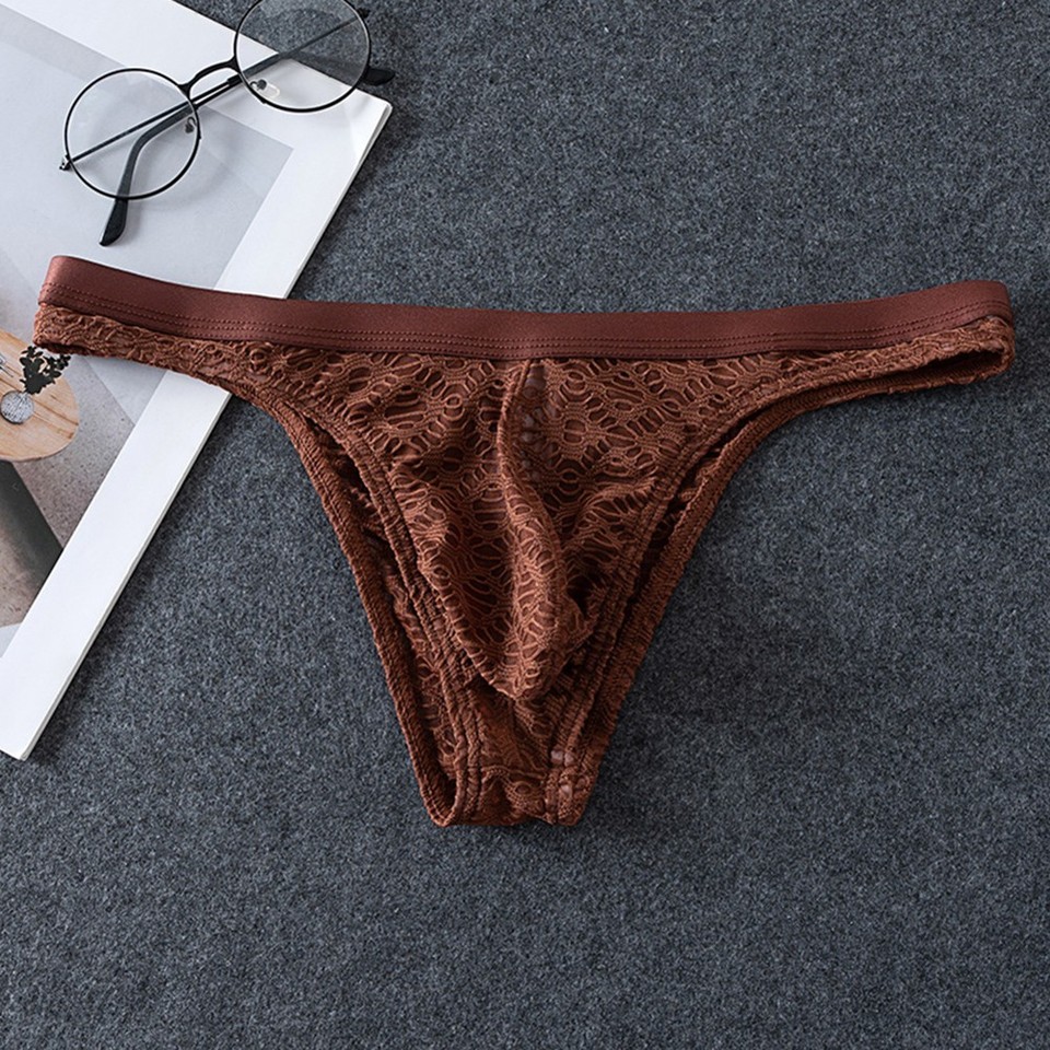 Breathable Men Thongs Underwear Jacquard Sheer Low Rise Briefs with U ...