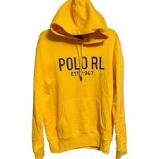 Polo Ralph Lauren EST 1967 Hoodie Sz MD Polo RL Yellow Sweatshirt Navy Spell Out