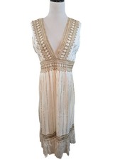 Boho Cream Maxi Dress Gold Accents Jute Crochet Details Ashley Taylor One Size