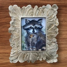 Raccoon holding a Cookie 🍪 mini watercolor print in gold vtg style ornate frame