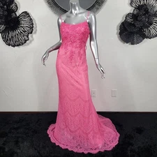 NWT~$410~MORRELL MAXIE~SZ 10~PINK EMBROIDERED LACE SEQUIN PROM EVENING DRESS