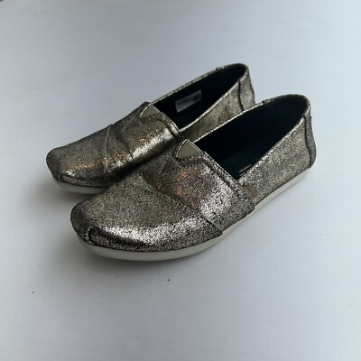 Toms Classic Gold Foil Metallic Slip On Fabric Flat Shoes, women s 7 Loafers