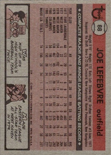 1981 Topps #88 Joe Lefebvre RC New York Yankees Baseball - Picture 2 of 2