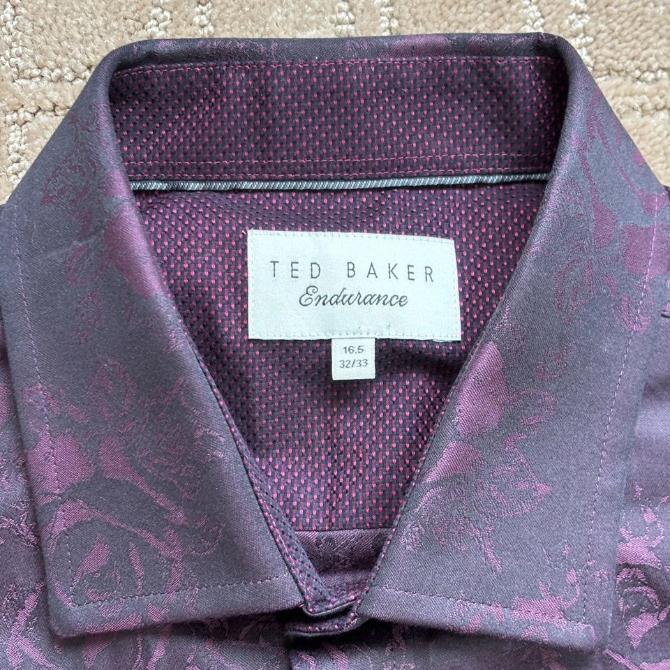 Ted Baker Button Down Shirt Mens 16.5 Purple Roses Goth Dark Romance Vampire - Image 3 of 4