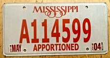 2004 MISSISSIPPI APPORTIONED SEMI IRP PRO RATE LICENSE PLATE " A 114599 " MS