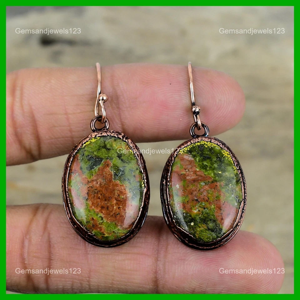 Pendientes de gancho colgantes electroformados hermana cobre piedra chakra corazón ovalado Foto 3 de 4