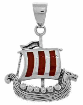 Jewelry Trends Sterling Silver Viking Ship Pendant with Red Enamel