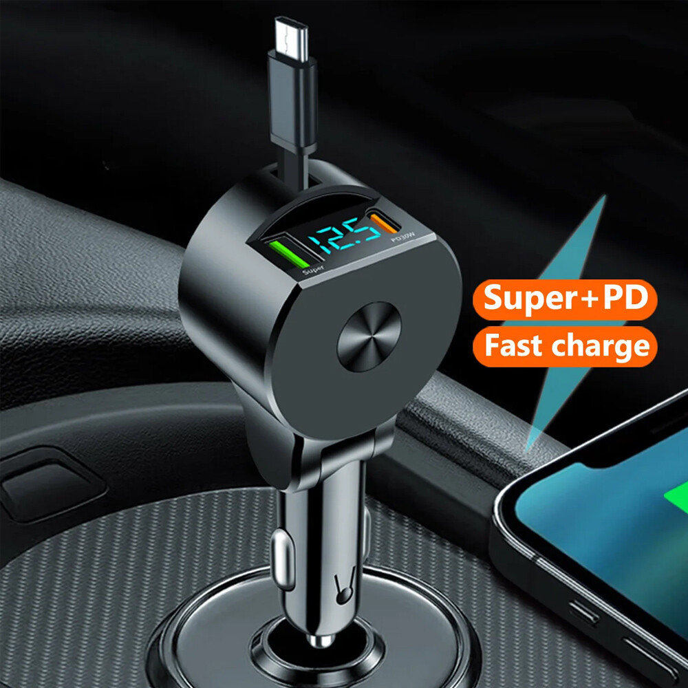 3-in-1 Car Charger with QC 3.0 USB Type-C PD Super Fast Charging Adjustable Voltage