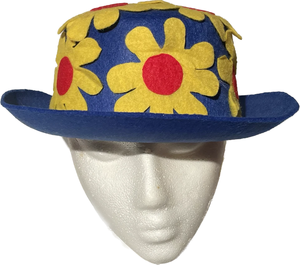 BLUE CLOWN DAISY DERBY HAT Costume Cap Funny Adult Bowler Yellow Flowers Mime  - Image 3 of 4