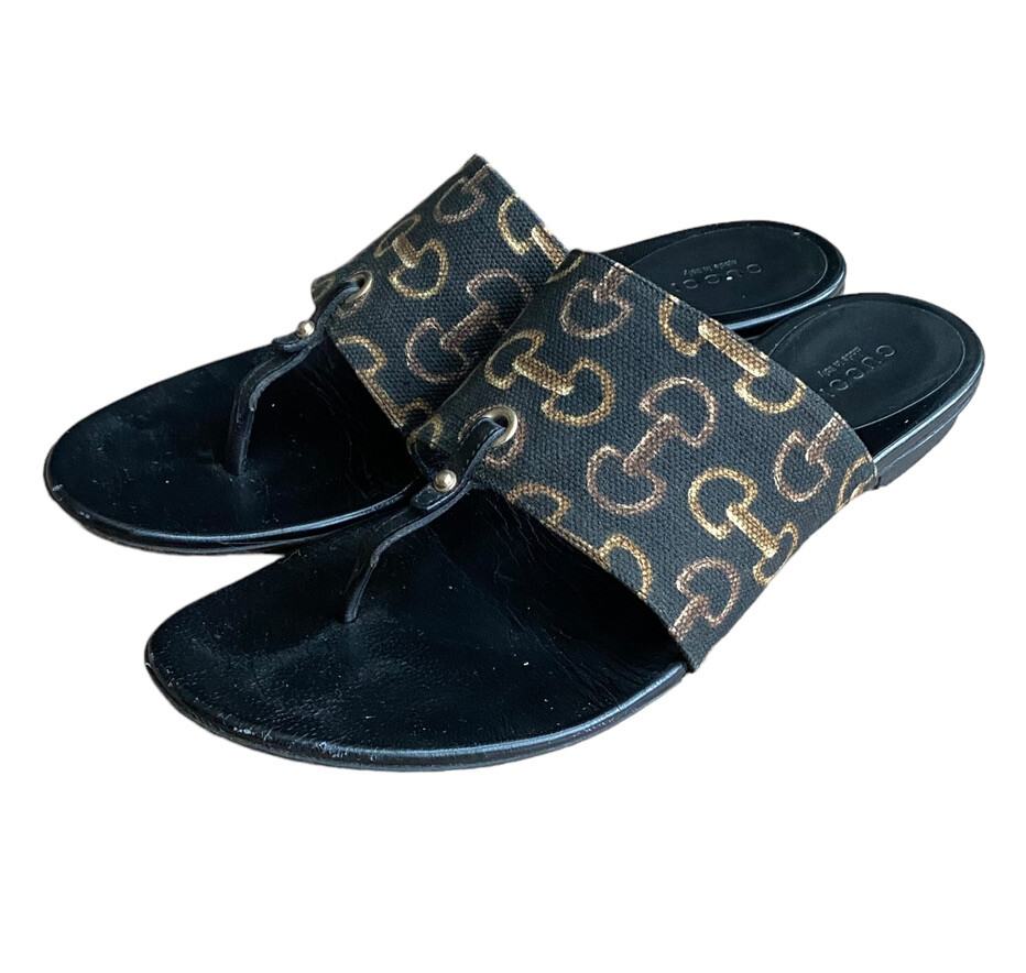 GUCCI Size 11 Black Canvas Thong Sandals Logo canvas and leather thong sandals in black - Gucci  main image 3