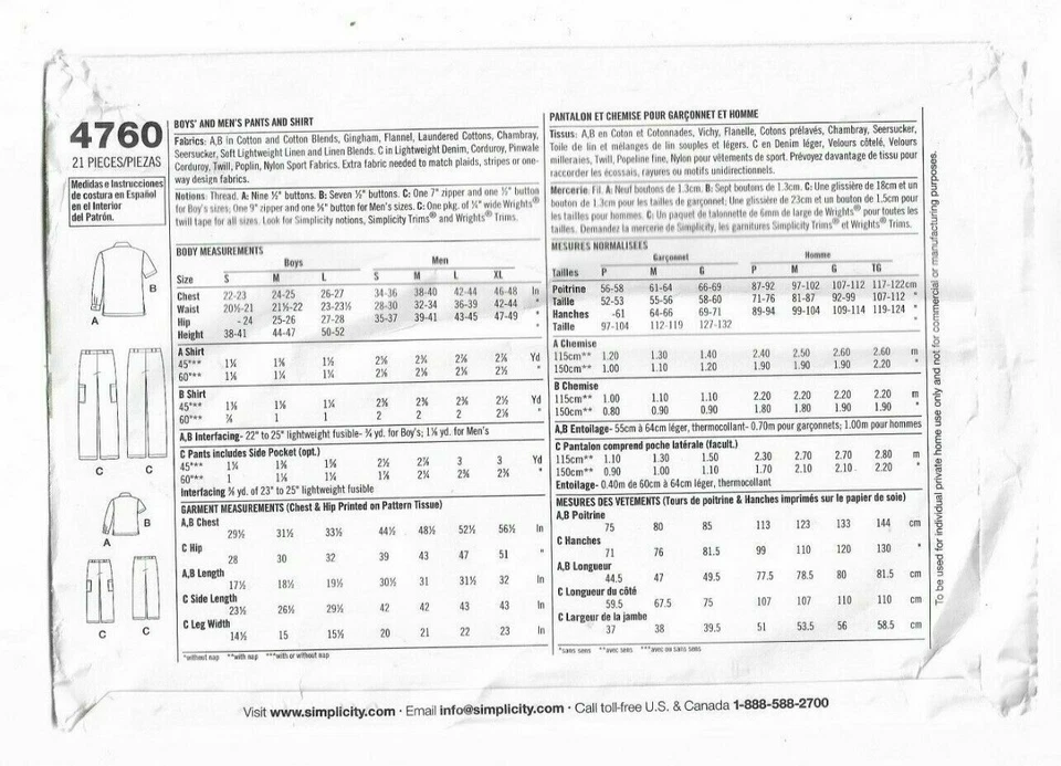 SIMPLICITY #4760 MEN'S CHEST SIZE 34-48 BOYS S-M-L SHIRT & PANTS PATTERN UNCUT - Image 2 of 4