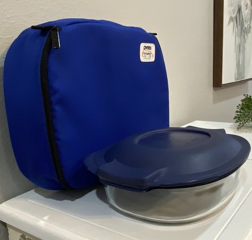 Vtg Blue Black Pyrex Portables 2.5 QT Glass Roaster Dish #702 Lid Carry Bag