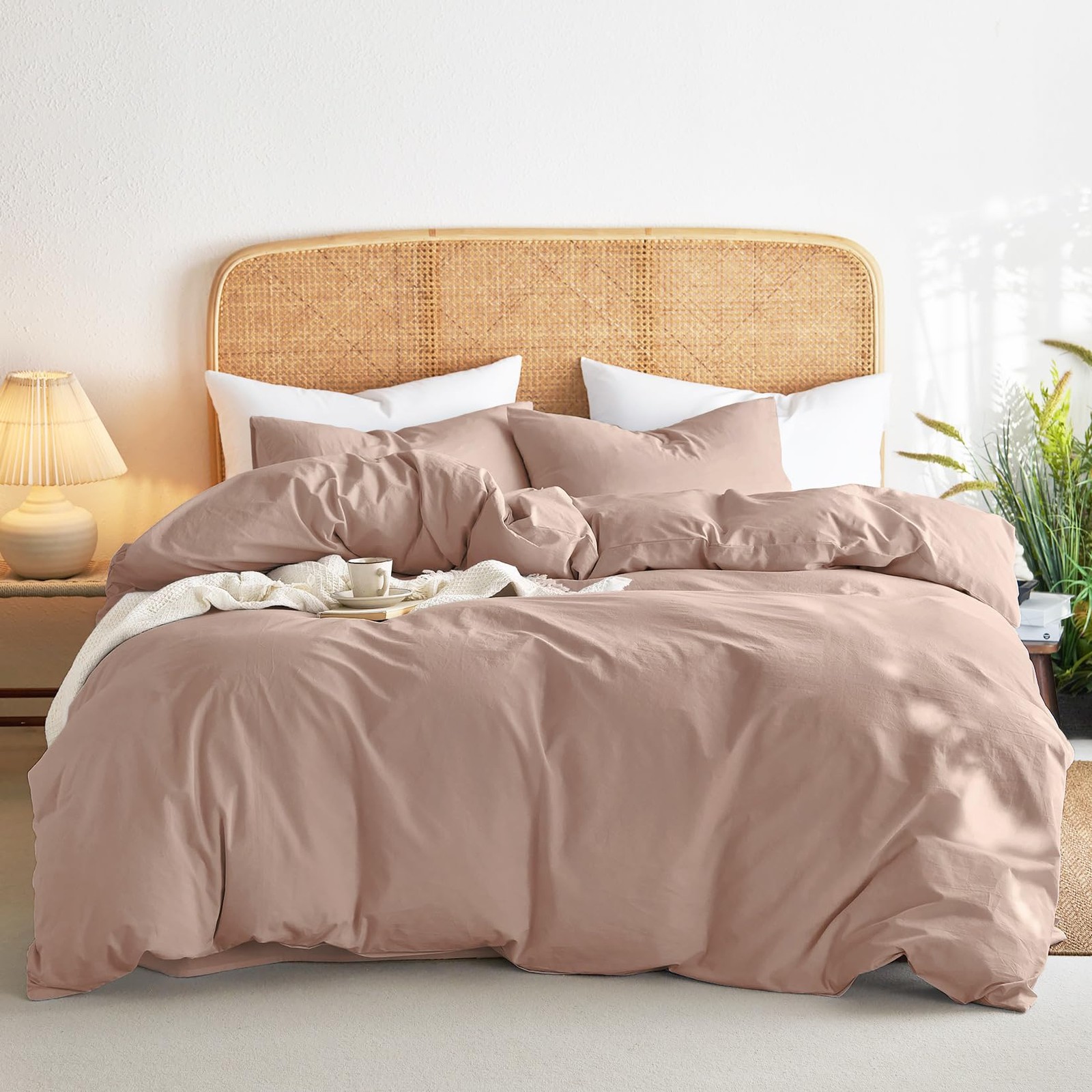 - Cotton Duvet Cover Set, King Size, Dusty Rose Pink, 100% Washed Cotton, Lin...