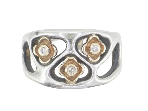 VINTAGE RETIRED GENUINE PANDORA 925 SILVER 14K GOLD & DIAMOND PERFECT POSEY RING