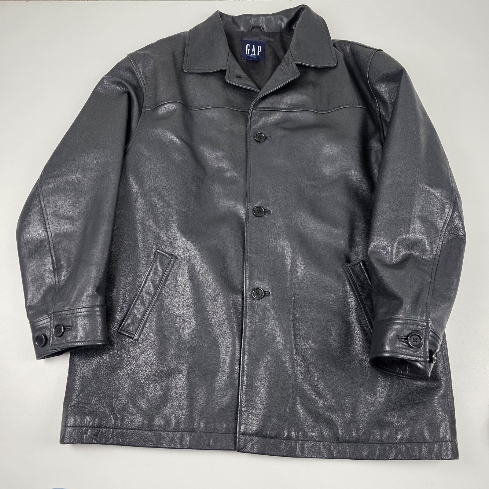 GAP Genuine Leather Car Coat Mens Extra Large Black 4 Button Quilted Lined