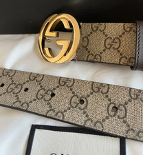 Gucci Gold Buckle GG Monogram Supreme Brown Leather Belt Size 100cm Fit's 34-36W