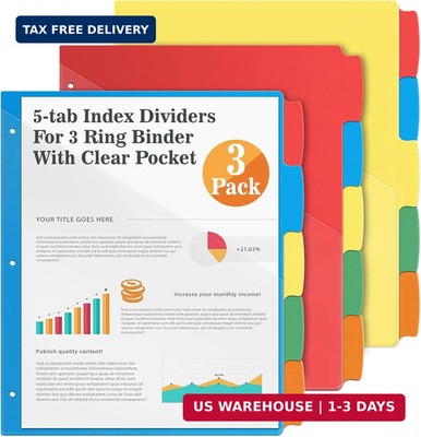 V-Opitos 5-tab Index Dividers with 3 Holes Punched, Set of 3 Plastic Dividers wi