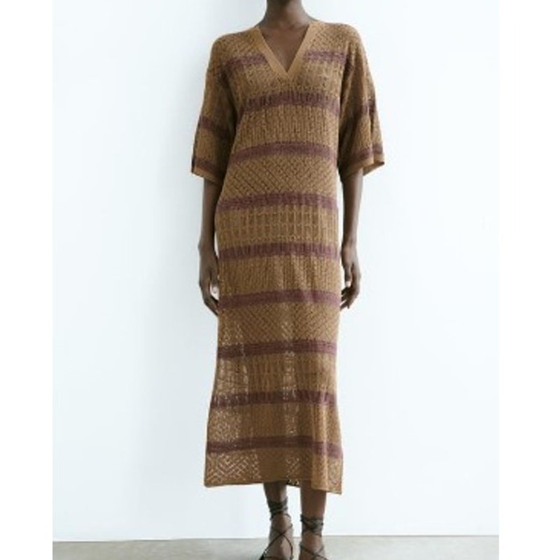  Zara Macrame Knit Kaftan Midi / Maxi Dress Cover-Up Cream Size Medium - Large thumbnail 9