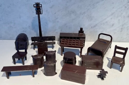 LOT OF 17 VTG MARX WESTERN TOWN HARD PLASTIC DARK BROWN FURNITURE  & ACCESSORIES