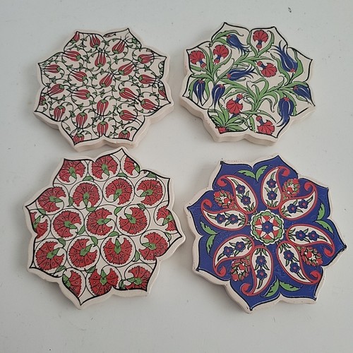 Lot 4 Turkish Handmade Ceramic Coaster Set Floral Multicolored Colorful Flowers - 第 1/10 張圖片