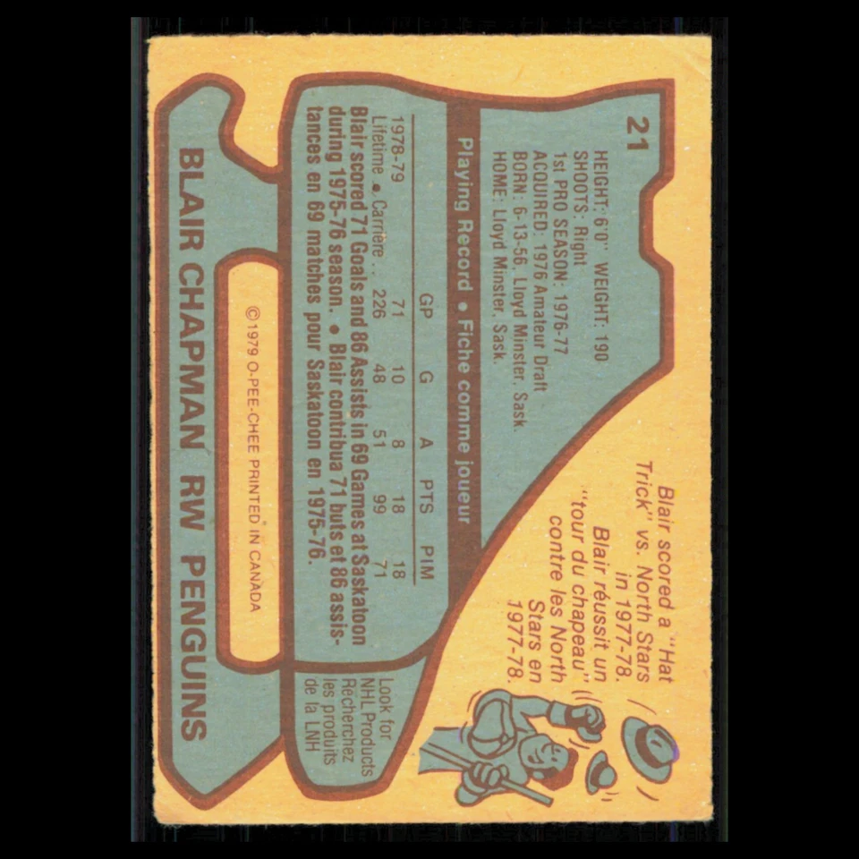 Blair Chapman #21 1979 O-Pee-Chee Pittsburgh Penguins Hockey Card NHL EX - Image 2 of 3