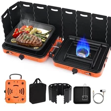 Orange 2 Burner Propane Stove Foldable Camping Stove W/ Case&Hose, Windproof