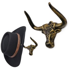 Cowboy Hat Hooks for Wall 2 Pack Bull Head Metal Cowboy Hat Holder Rack Cast ...