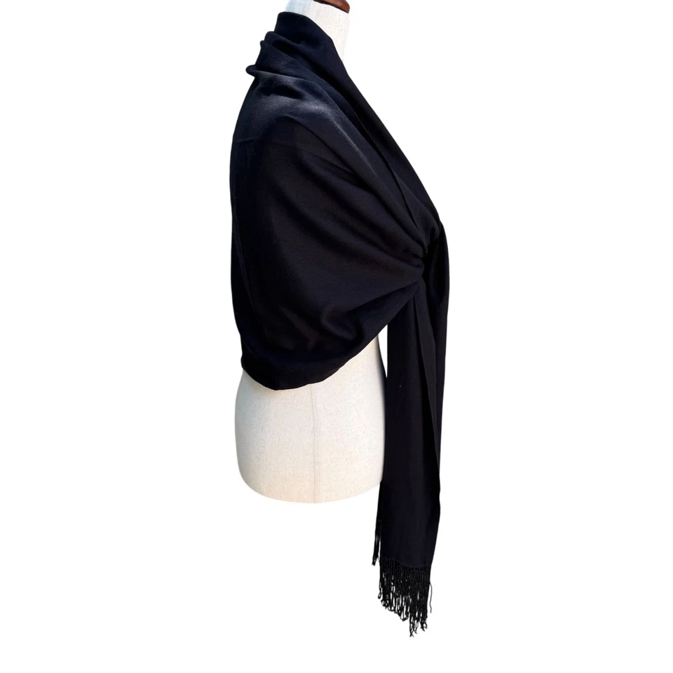 Elegant Womens Black Pashmina Beaded Fringe Large Rectangle Scarf Wrap Coverup - Image 3 of 4