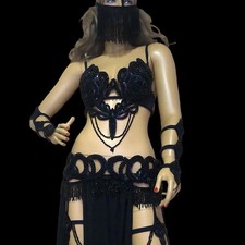 Made to Order Black Crystal Belly Dance Costume: Performance Showgirl Dress