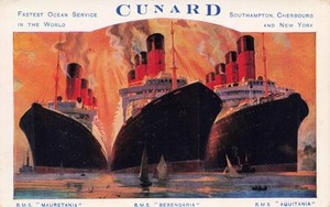 CUNARD LINE STEAMSHIPS - RMS AQUITANIA - MAURETANIA - BERENGARIA POSTCARD 1920s