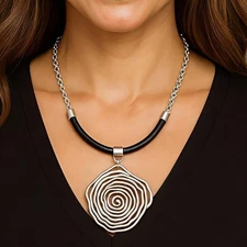 Boho Artisan Turkish Leather Statement Necklace Bold Zamak Spiral Flower Pendant