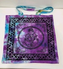 Hippie Boho Cotton Fabric Tote Bag handles Tie Dye Ganesha Purple Teal Colorful