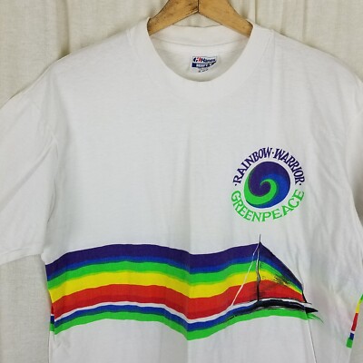 Vintage 90s Greenpeace Rainbow Warriors TShirt Mens XL 80s Ship