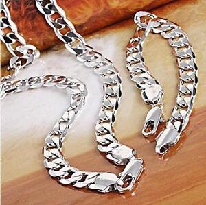 18ct White gold filled Silver Men&#39;s Bracelet+necklace 23.6&quot; Chain Set xmas gift | eBay