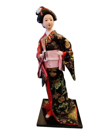 Geisha Black Silk Dress Japanese Oriental 17" Doll Figurine on Stand Home Accent - Picture 2 of 12