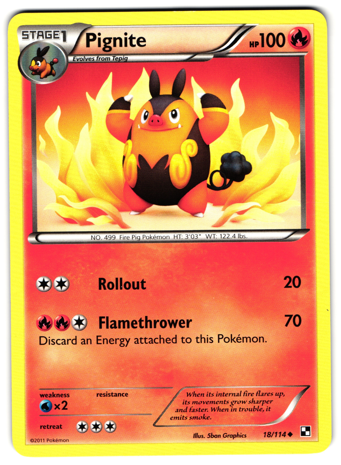 Pignite - 18/114 - 2011 Uncommon Black & White Pokemon Card LP