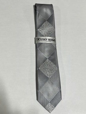 Mens Stacy Adams Silver Paisley Box Pattern Tie With Matching Pocket Square NEW