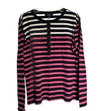 Chaps W-L Boatneck Pullover  Top 1/4 Snap  Pink Navy White Stripes Long Sleeve