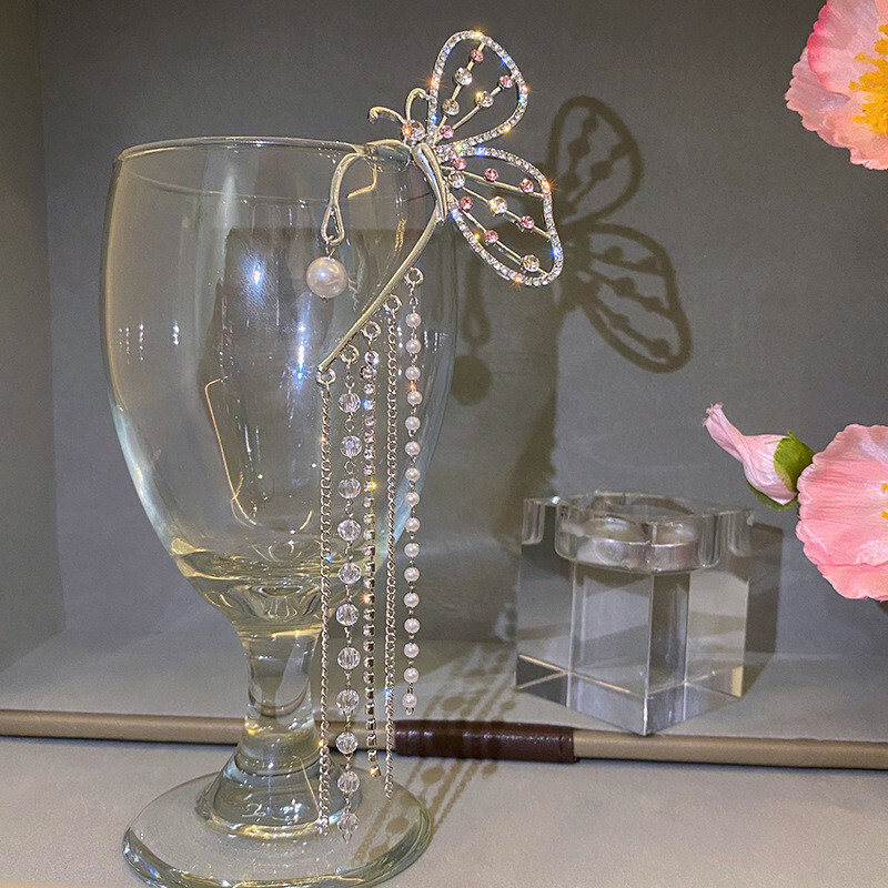 Fashion Crystal Butterfly Clip Earring Exquisite Zirconium Ear Cuff Long Tassels