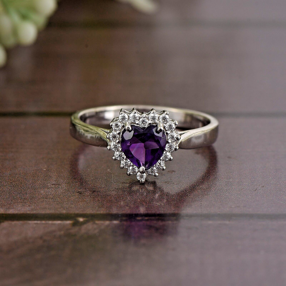 6mm Natural Purple Amethyst Diamond Heart Ring Sterling Silver women ring