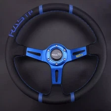 RASTP Universal 14 Inch Deep Corn Drifting Car Leather Steering Wheel BlueBlack