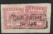Altdeutschland Baden MiNr 18 zwei Einzelwerte gestempelt auf Briefst&uuml;ck