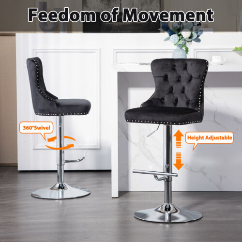 Set of 2 Bar Chairs Modern Pub Stools Height Velvet Upholstered Swivel Barstools - Picture 7 of 15