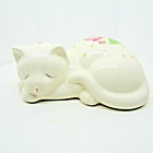 White Ceramic Sleeping Cat Flowered Kitty Vintage Has Pink Flowers Hand Painted
