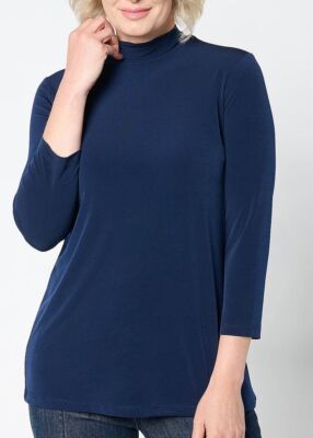 Susan Graver Size 1X Navy Solid Liquid Knit Mock Neck Top