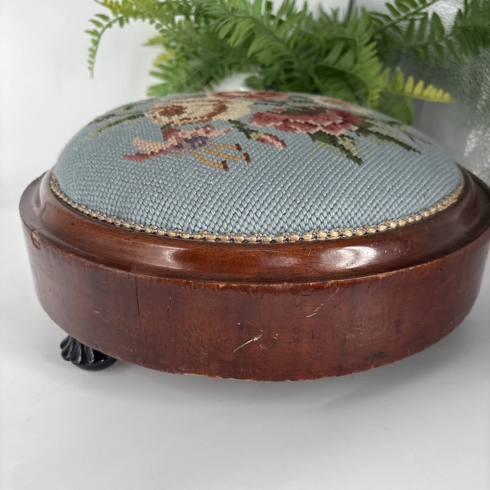 Antique Round Stool Woven Wood Cottage Furniture Vintage Floral Embroidered Top - Image 2 of 4