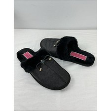 Kate Spade Slippers Black Furry Scuffs Size 8 Spa Lounge Sparkle