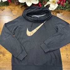 Nike Women  s Medium Black Rose Gold Swoosh Hoodie Sweatshirt Funnel Neck Slouchy