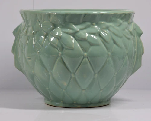 Vintage McCoy Jardiniere Quilted Pattern Planter Pot Pottery Bows Seafoam Green
