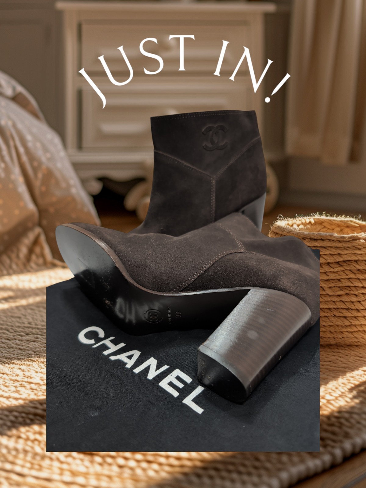 Chanel Brown Suede Ankle Booties Lucite Block Heel CC Logo Authentic + Dust Bag